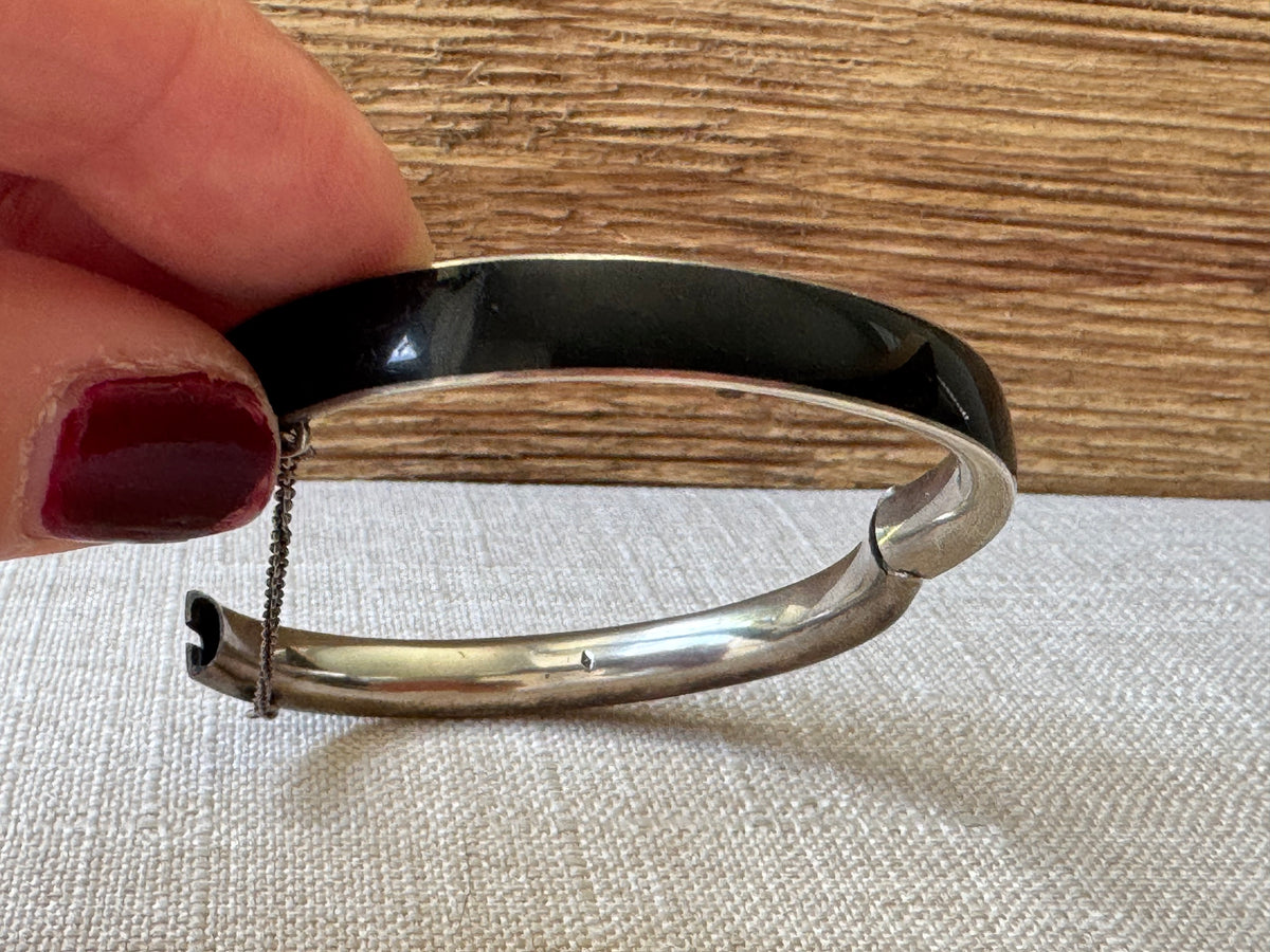 Petite Black Enamel and Sterling Silver Mourning Bangle Bracelet