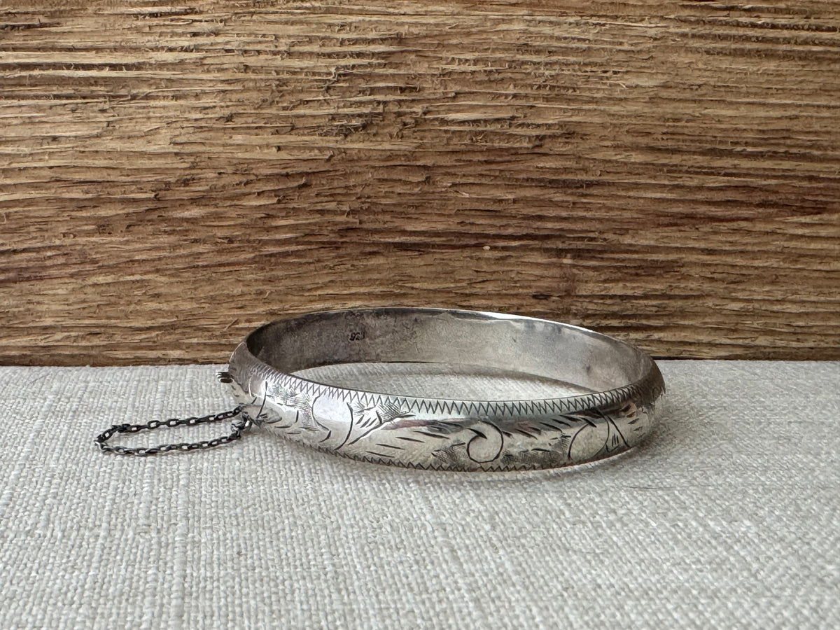 Vintage Sterling Silver Etched Narrow Bangle Bracelet