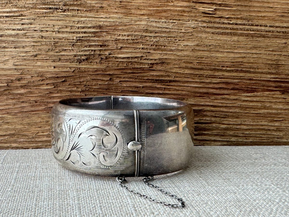 Vintage Sterling Silver Etched Wide Bangle Bracelet