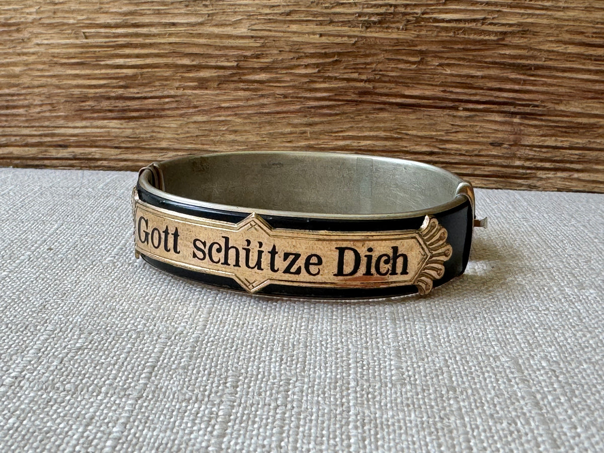 Edwardian Black Enamel and Gold “GOTT SCHUTZE DICH” Mourning Bangle Bracelet