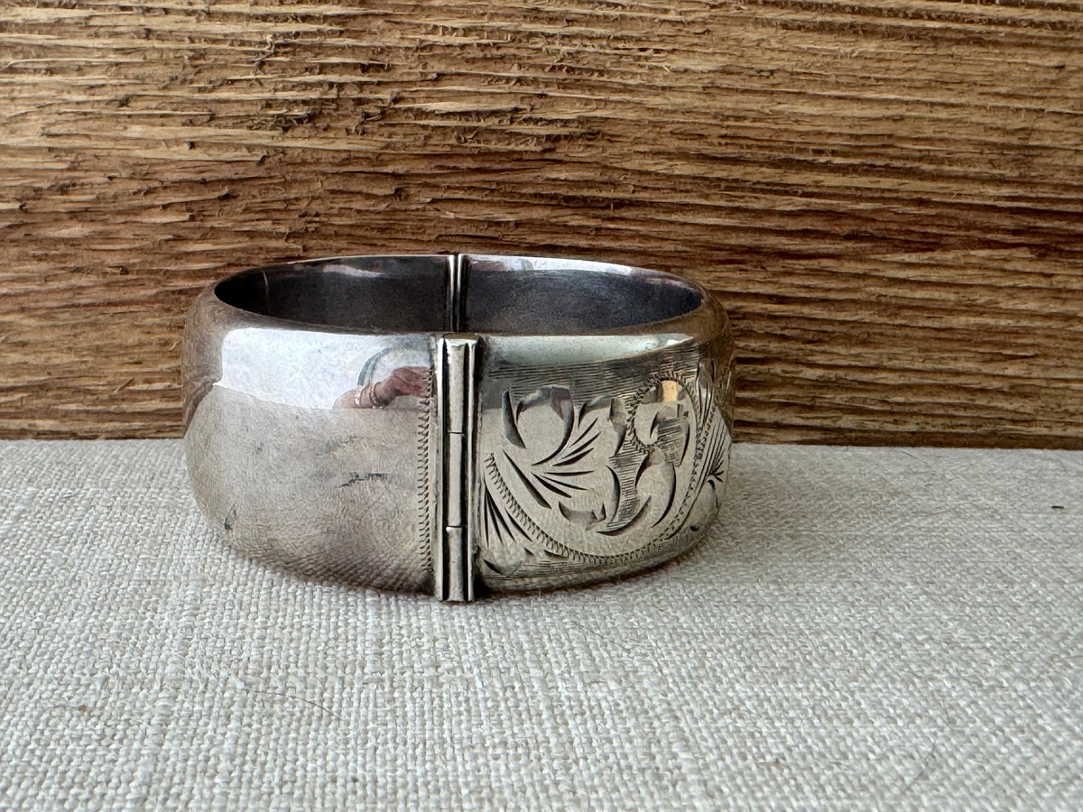 Vintage Sterling Silver Etched Wide Bangle Bracelet