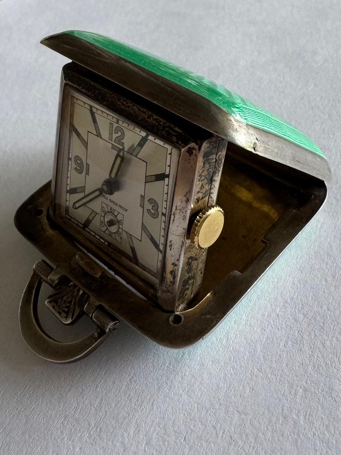 Vintage Green French Guilloche Travel Clock Pendant