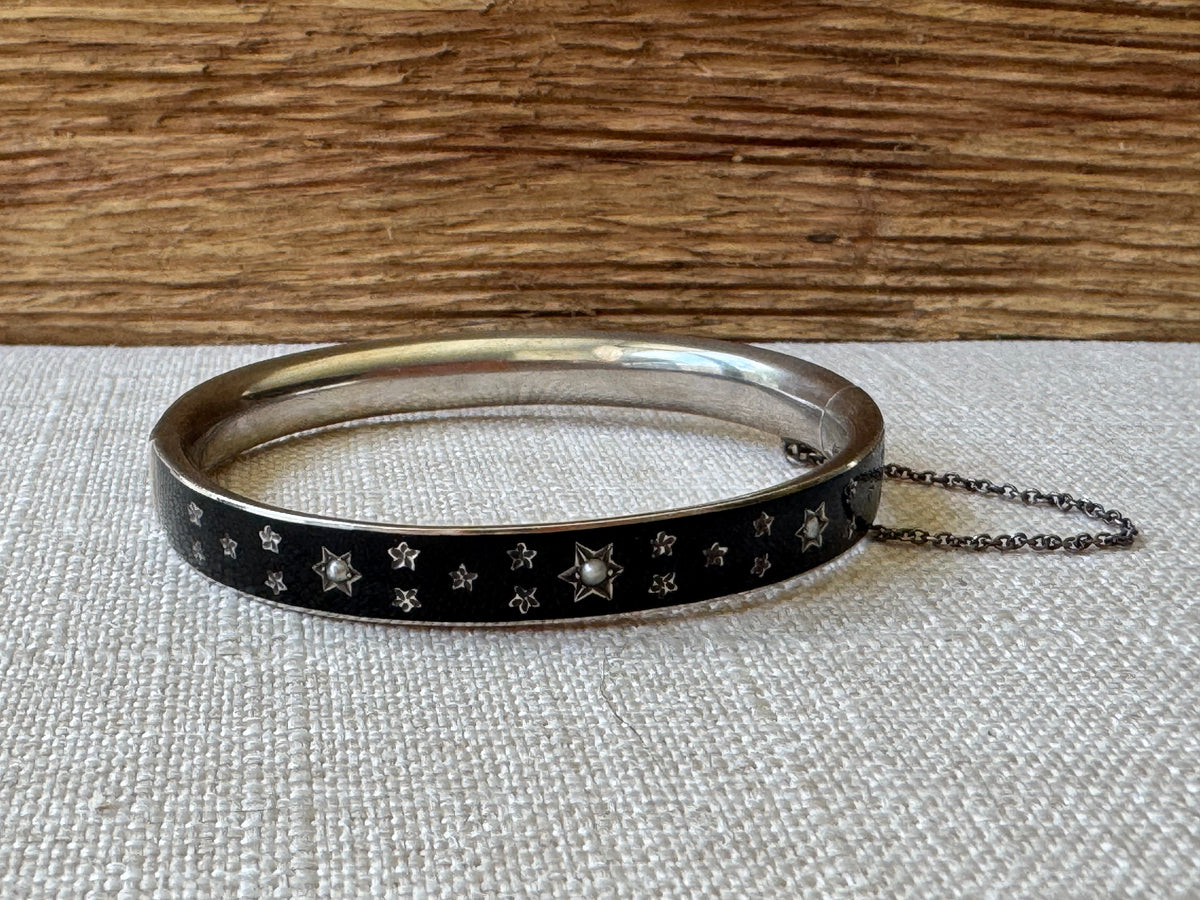Petite Black Enamel and Sterling Silver Mourning Bangle Bracelet