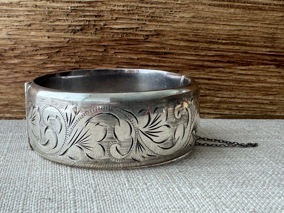 Vintage Sterling Silver Etched Wide Bangle Bracelet