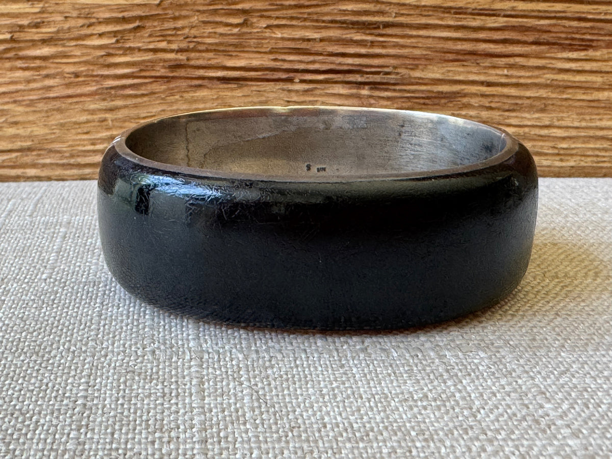 Edwardian Black Enamel and Sterling Mourning Thick Bangle Bracelet
