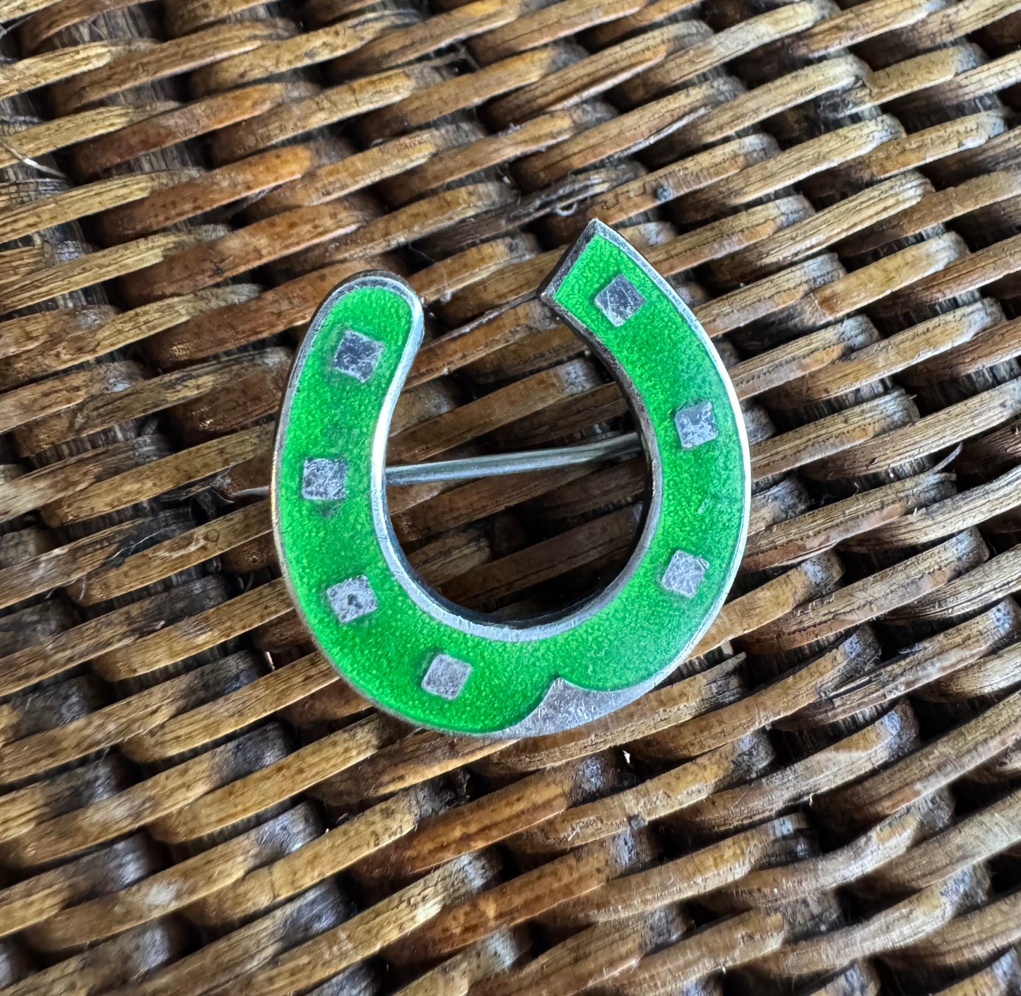 Vintage Green Guilloche Sterling Silver Pin c1910