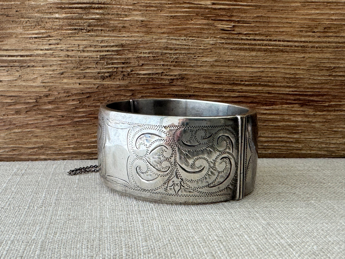 Thick Etched Sterling Silver Bangle Bracelet