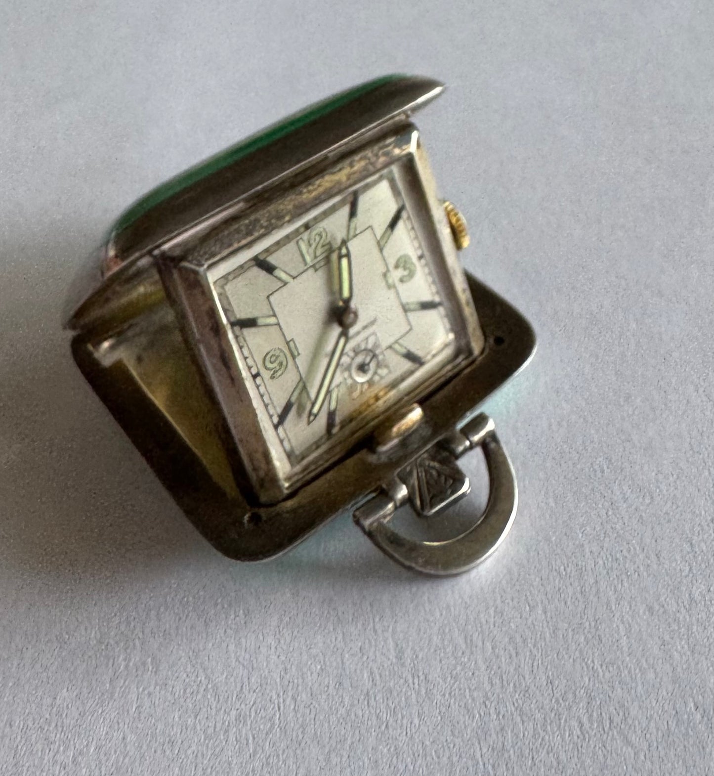 Vintage Green French Guilloche Travel Clock Pendant