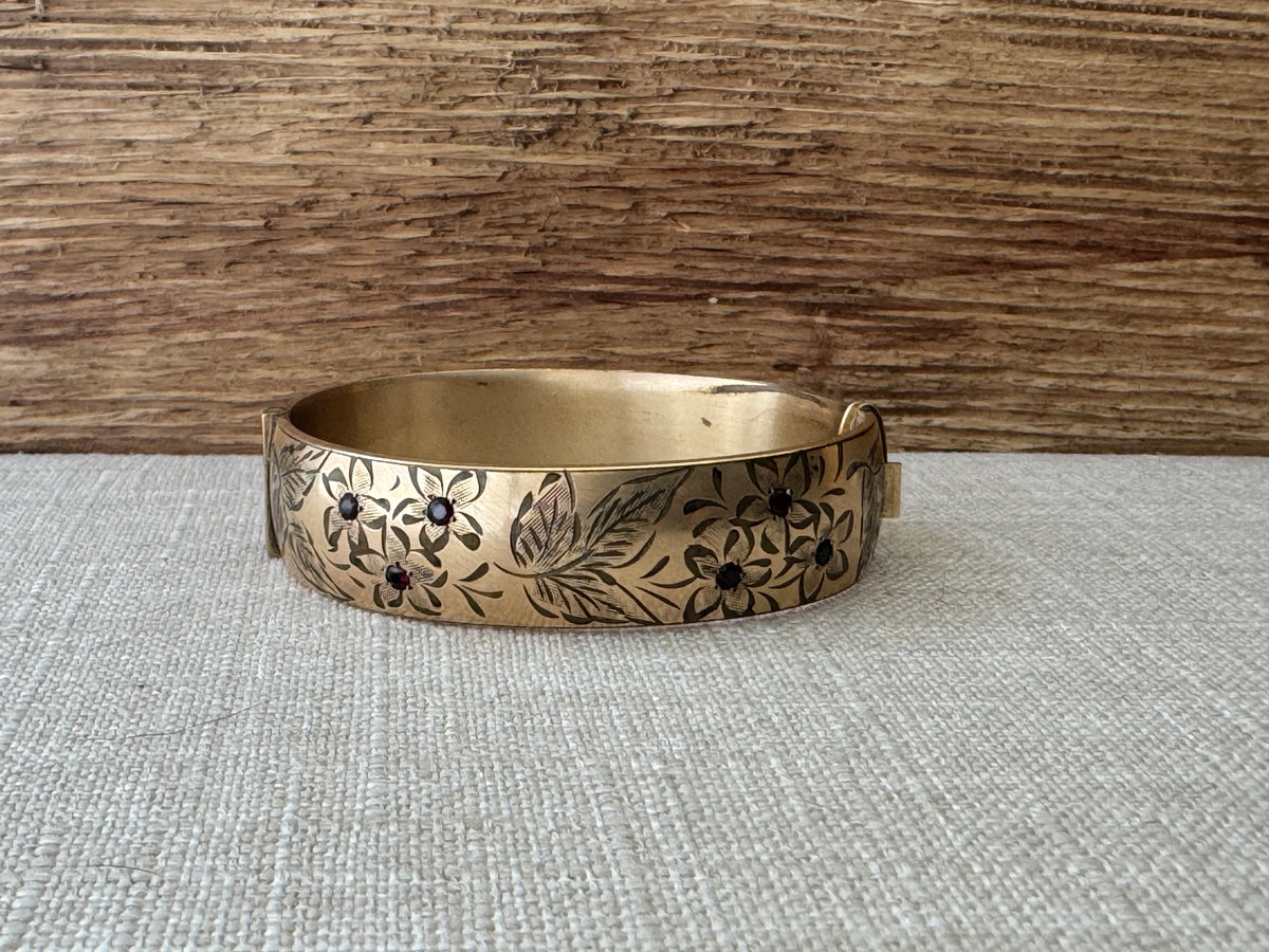 Vintage 1950’s Rolled Gold Bangle Bracelet with Garnett Flowers