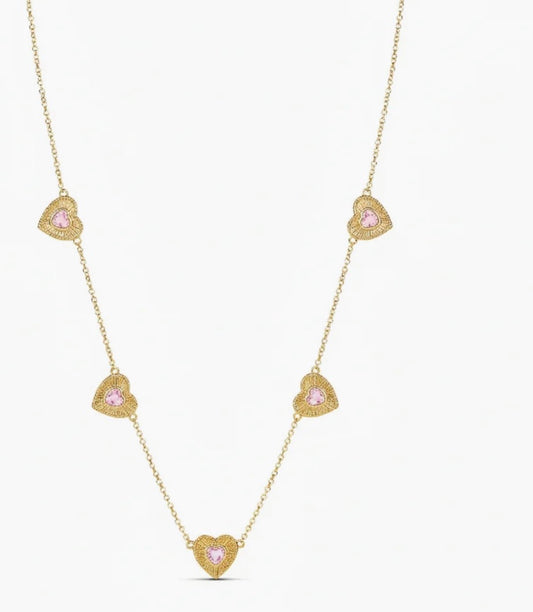 Fluted Gemstone Heart Necklace Pink